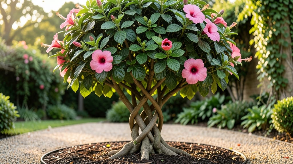 Braided Hibiscus Tree Full-Grown: Year-Round Grace Through Pruned Elegance